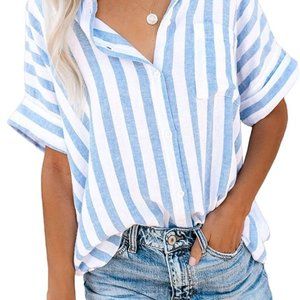 Womens Summer Blouses Casual V Neck Stripe Short Sleeve Button Down Shirt - S